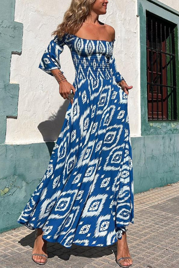 Langes Kleid mit Ethnischer Druck und Off-Shoulder – Bereit für den Urlaub