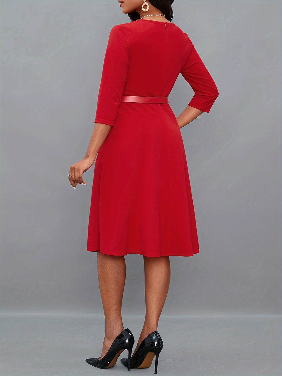 Heidi-Mode | Einfarbige Asymmetrische Halsgürtel 3/4 Ärmel Festliches Kleid Für Frauen - Ideal Für Alle Jahreszeiten