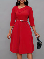 Heidi-Mode | Einfarbige Asymmetrische Halsgürtel 3/4 Ärmel Festliches Kleid Für Frauen - Ideal Für Alle Jahreszeiten