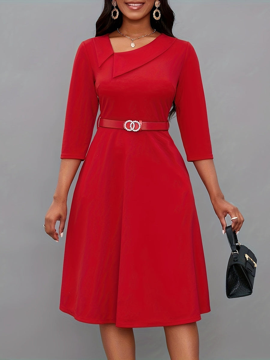 Heidi-Mode | Einfarbige Asymmetrische Halsgürtel 3/4 Ärmel Festliches Kleid Für Frauen - Ideal Für Alle Jahreszeiten