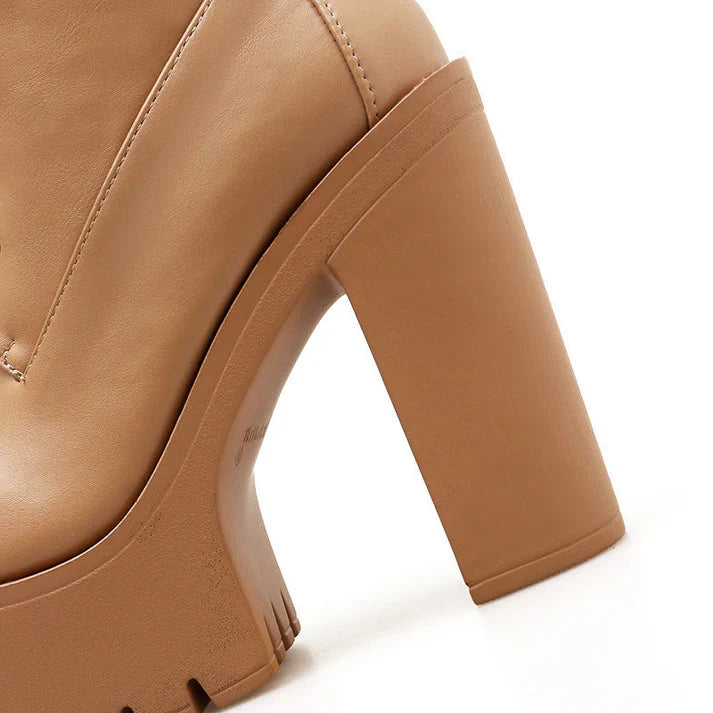 Damen Schnürstiefeletten – Plateau-Stiefel mit Blockabsatz und Robuster Sohle in Beige und Schwarz