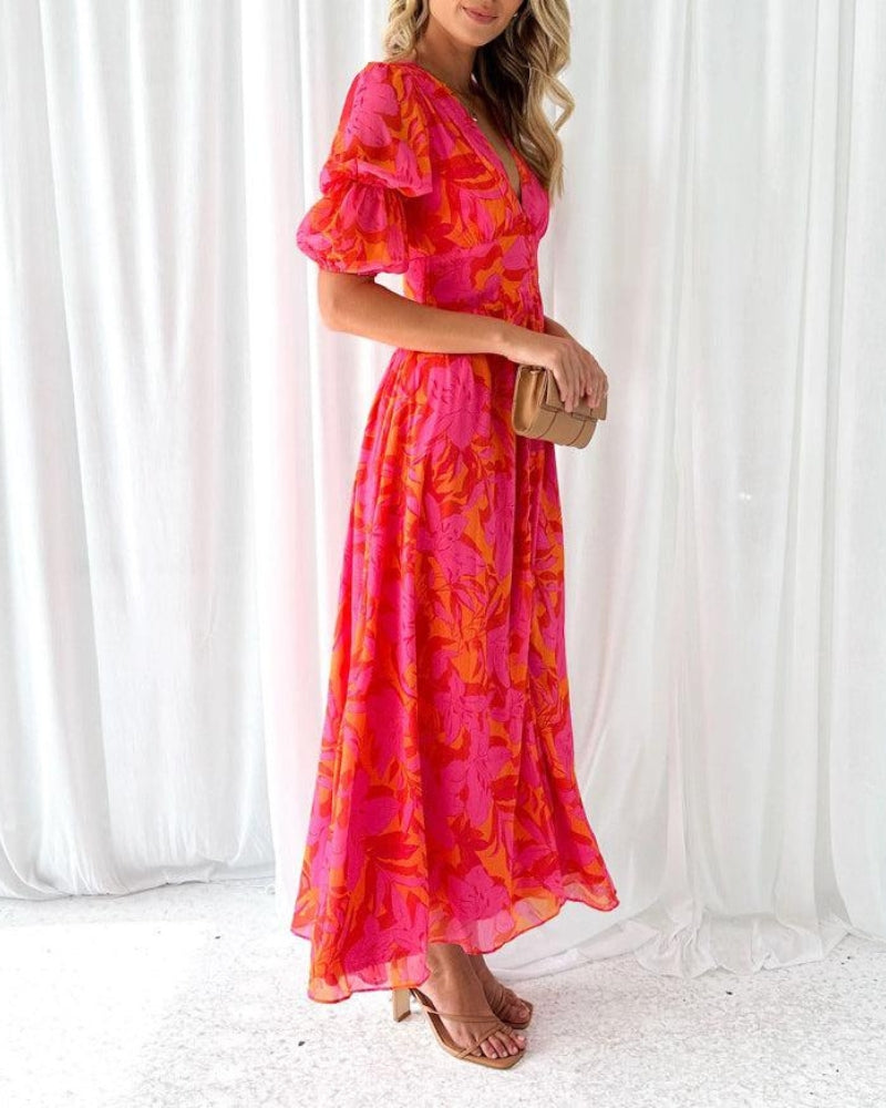 Rosea Elegantes Maxikleid mit Puffärmeln und V-Ausschnitt