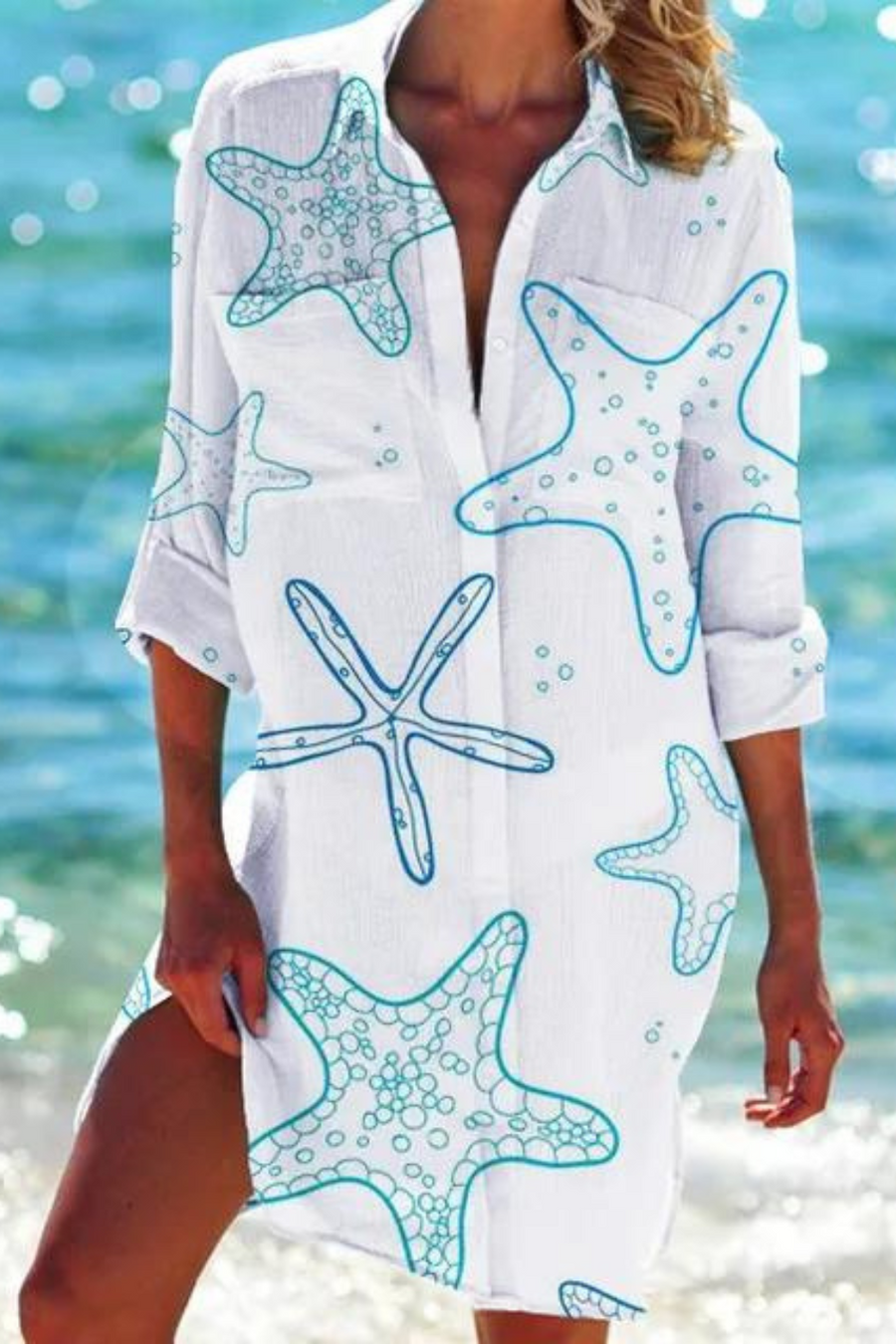 Heidi - Lange Strandbluse mit Meeresmotiv