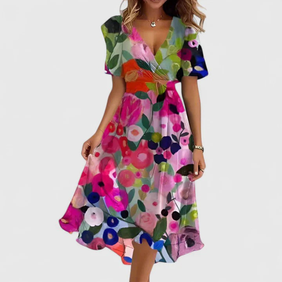 Helga | Damen Blumen V-Ausschnitt Midi Kleid
