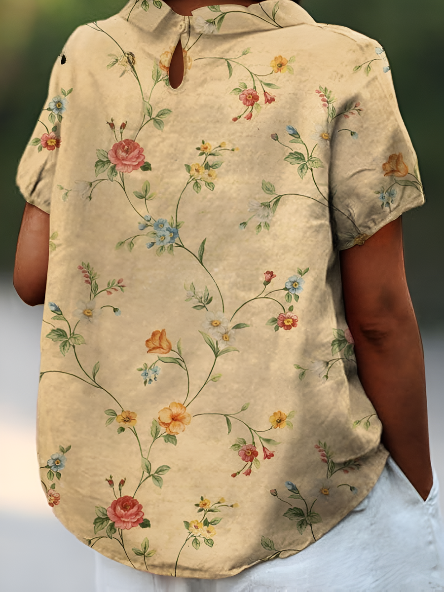 Brigitte | Damen Retro Blumen Baumwoll-Leinen Hemd