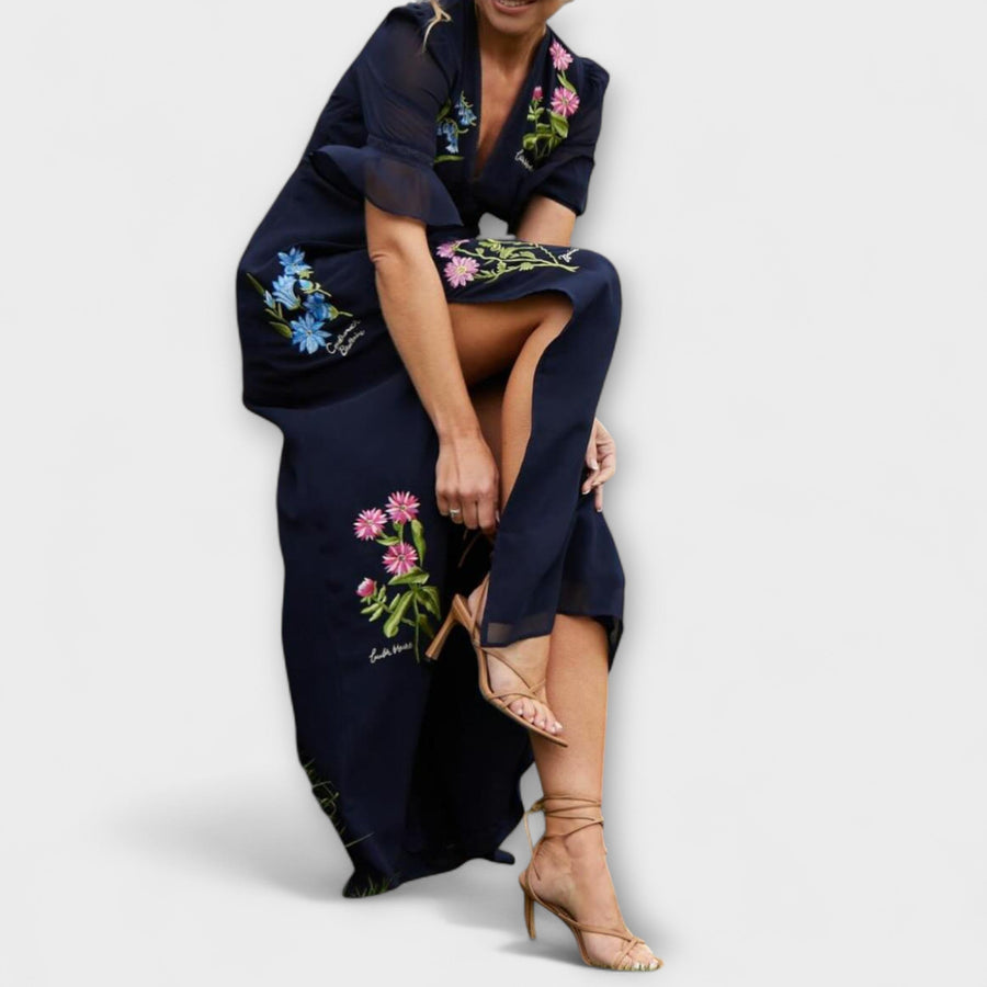 Beatrice - Elegantes Kleid in Marineblau mit floralen Stickereien