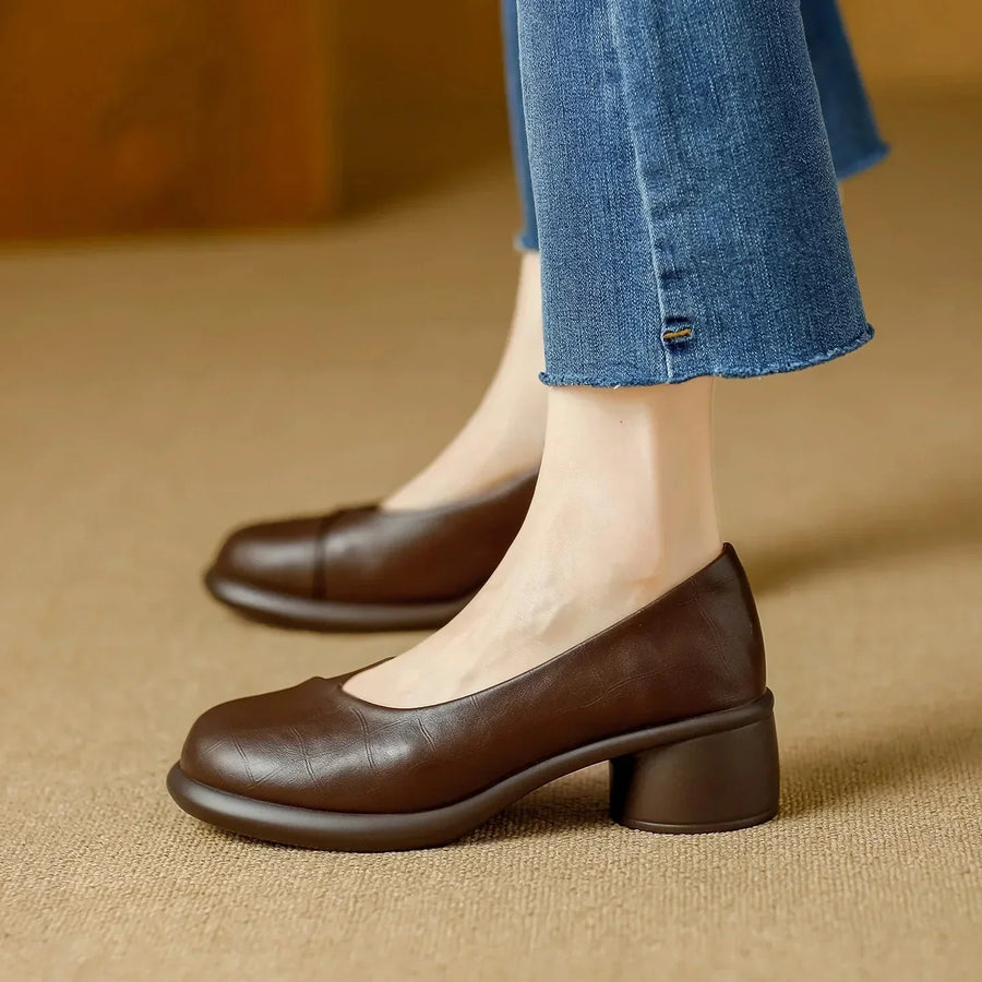 Damen Braune Leder Plateau Pumps Mit Blockabsatz – Stilvolle Heels