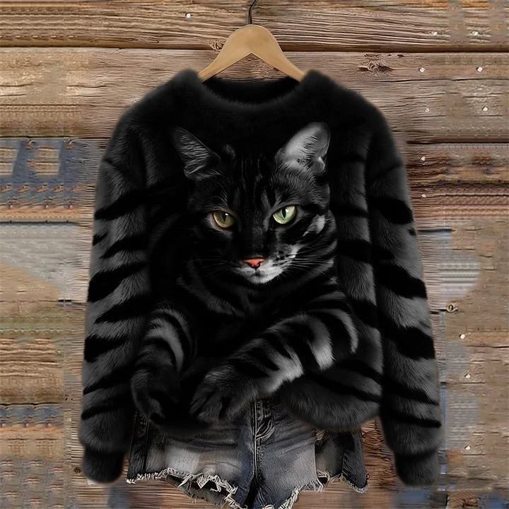 Jules – Weiches Plüsch Sweatshirt Mit Tabby Katzen Und Tiger Muster