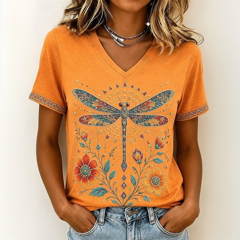Tarilena | Lässiges V-Ausschnitt-Shirt mit Libellenprint