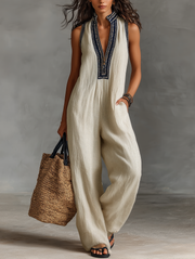 Ärmelloser Jumpsuit aus Leinenmischung mit Stickerei und Reißverschluss für Damen