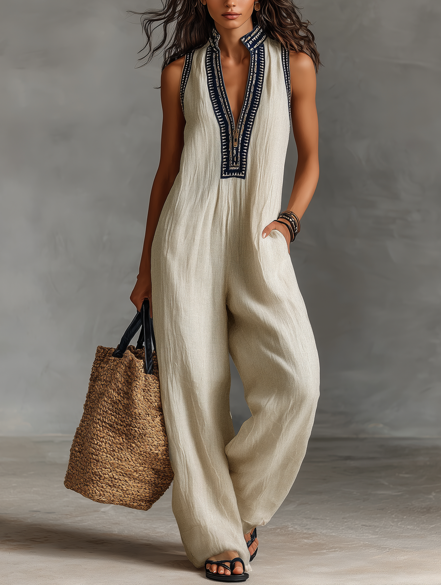 Ärmelloser Jumpsuit aus Leinenmischung mit Stickerei und Reißverschluss für Damen