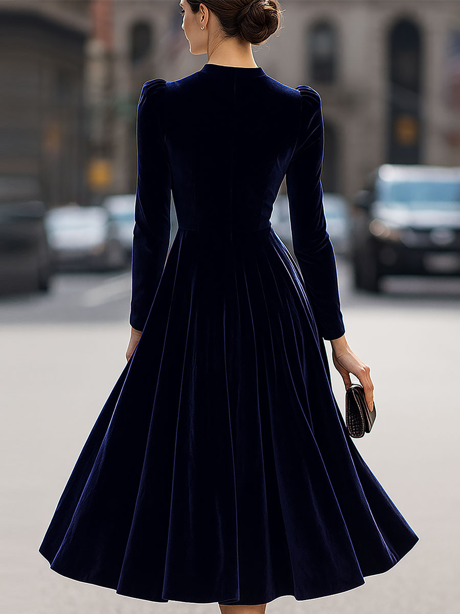 Damen-Midi-Kleid aus marineblauem Samt mit langen Ärmeln