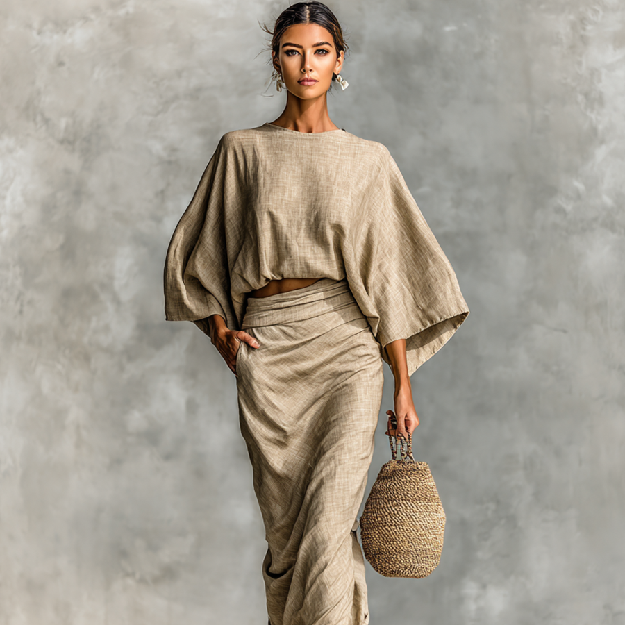 Set aus Batwing-Oberteil und Maxirock aus Leinenmischung für Damen