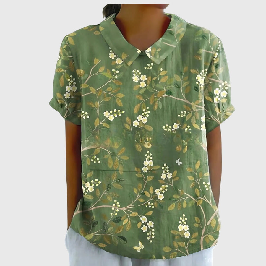 Elke | Damen Blumen Kragen Kurzarm Bluse
