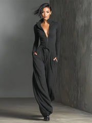Glitzernder Strick-Jumpsuit mit weitem Bein für Damen | Reißverschluss vorne