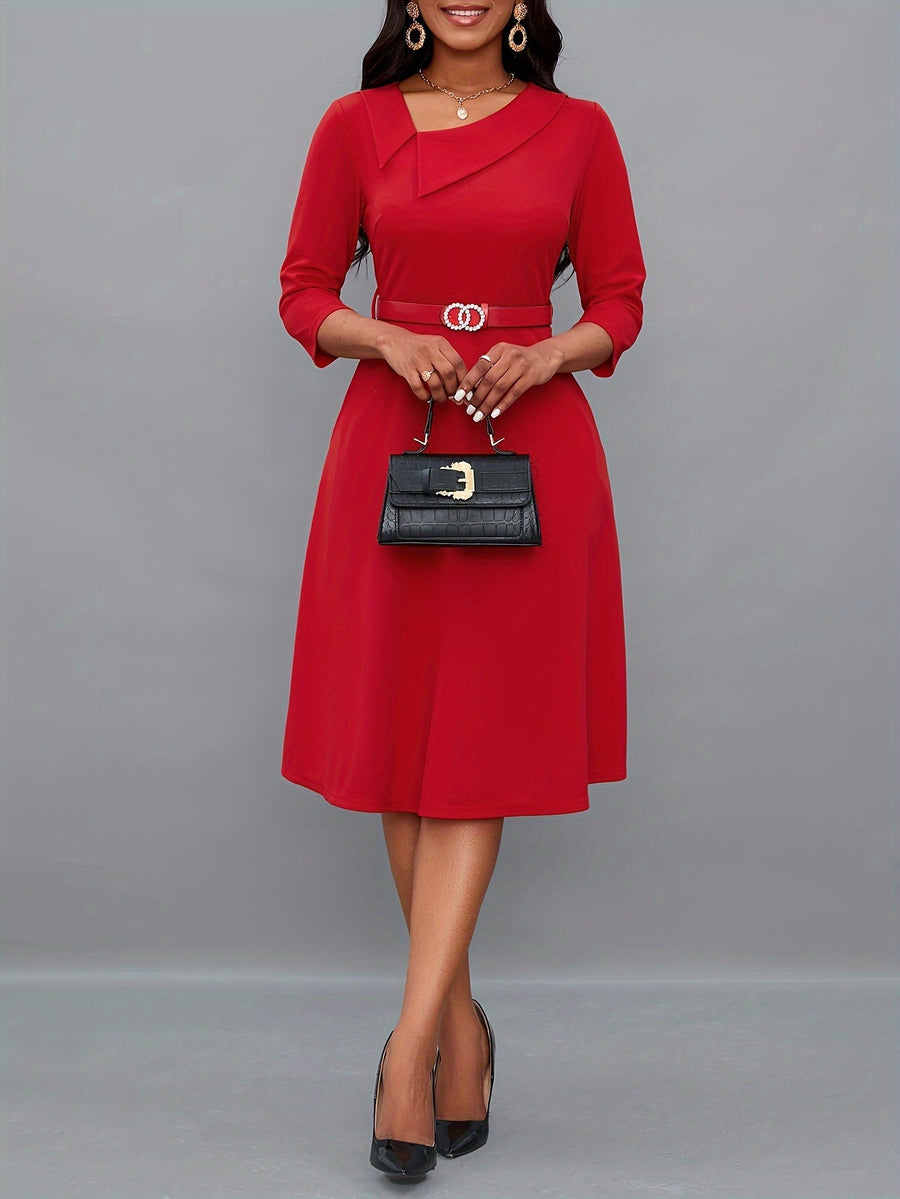 Heidi-Mode | Einfarbige Asymmetrische Halsgürtel 3/4 Ärmel Festliches Kleid Für Frauen - Ideal Für Alle Jahreszeiten