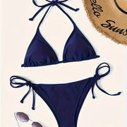 Heidi-Mode | Dunkelblaues Sexy Bikini Satz mit Halter V-Ausschnitt und Nacktem Rücken