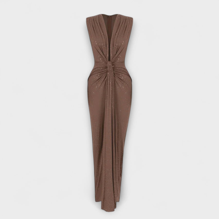 "Thea - Maxikleid mit tiefem V-Ausschnitt" could be rewritten as "Thea - Elegantes Maxikleid mit verführerischem V-Ausschnitt".