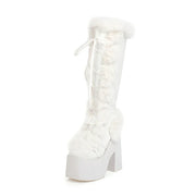 Damen Plateau-Stiefel – Extravagante Kniehohe Stiefel mit Kunstfell und Schnürung - Weihnachten