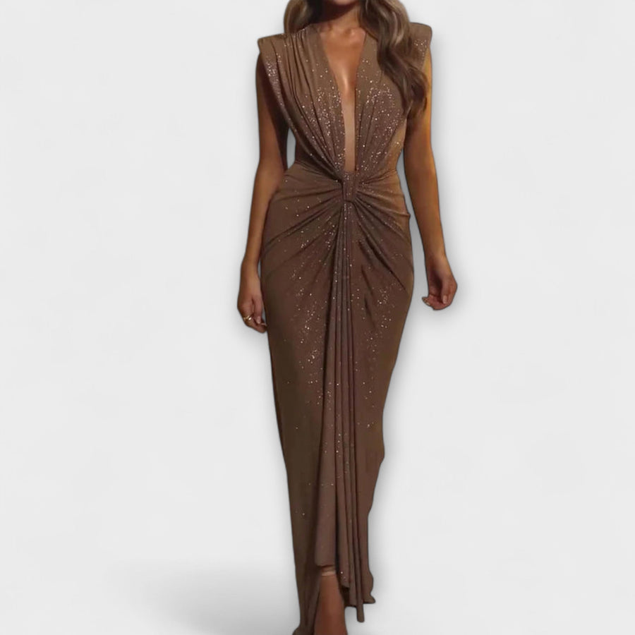"Thea - Maxikleid mit tiefem V-Ausschnitt" could be rewritten as "Thea - Elegantes Maxikleid mit verführerischem V-Ausschnitt".