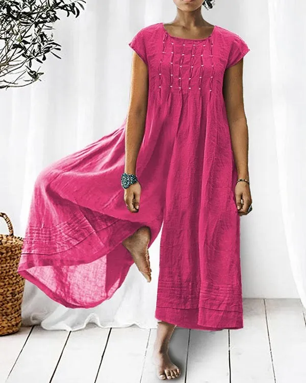 Anais- Damen Eleganter Leinen Jumpsuit Mit Kurzen Ärmeln