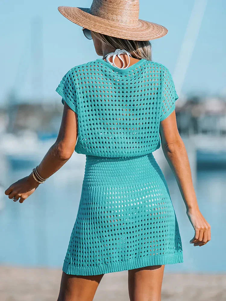 Damen Strandkleid Häkel Maxi V-Ausschnitt Sommer Boho