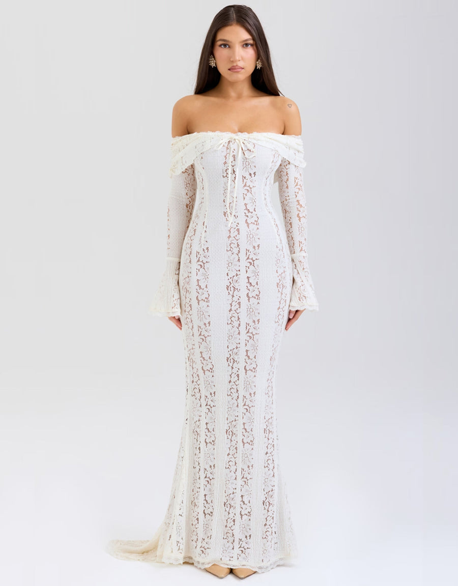 Spitzen-Abendkleid mit Carmen-Ausschnitt und langen Ärmeln für Damen