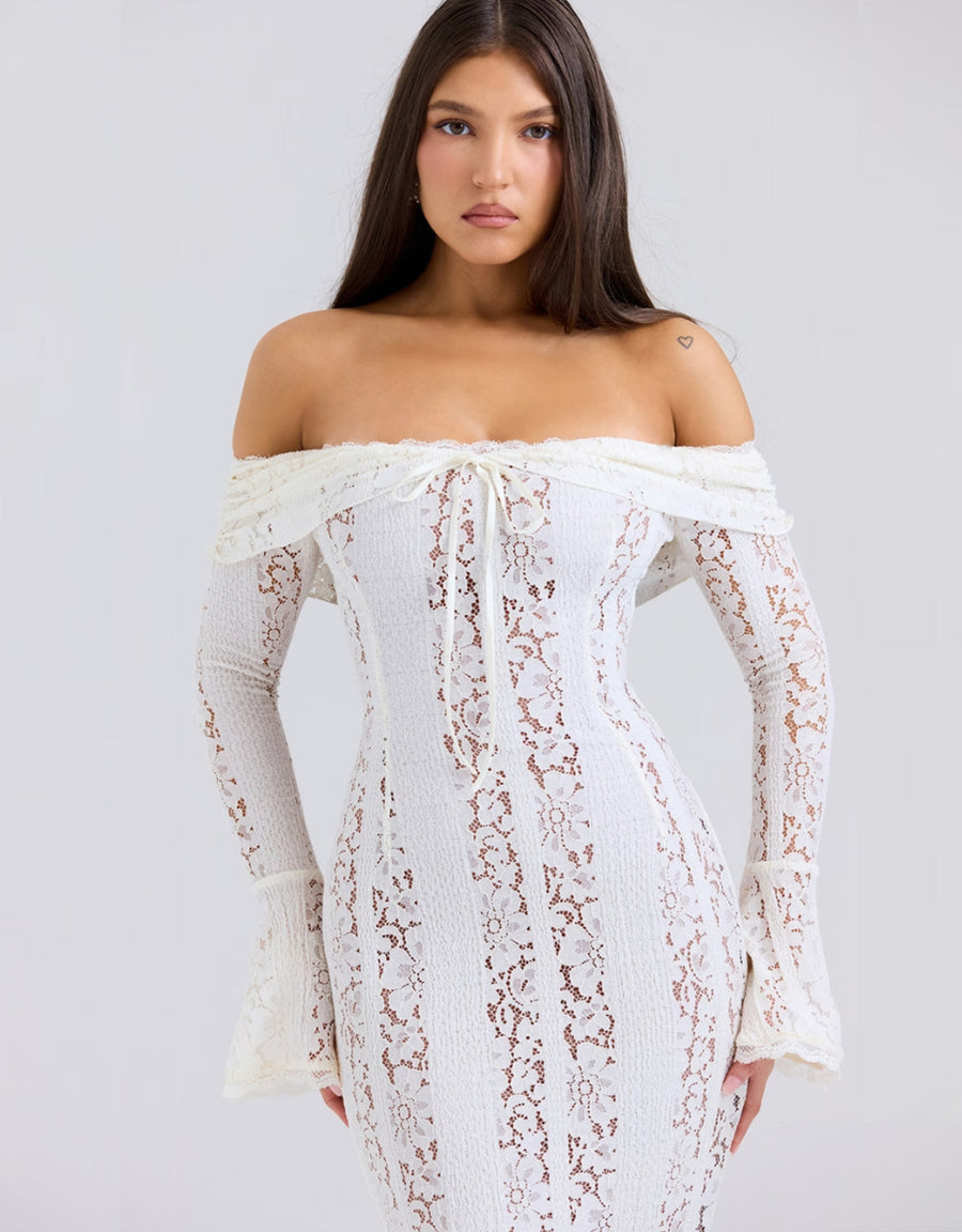 Spitzen-Abendkleid mit Carmen-Ausschnitt und langen Ärmeln für Damen