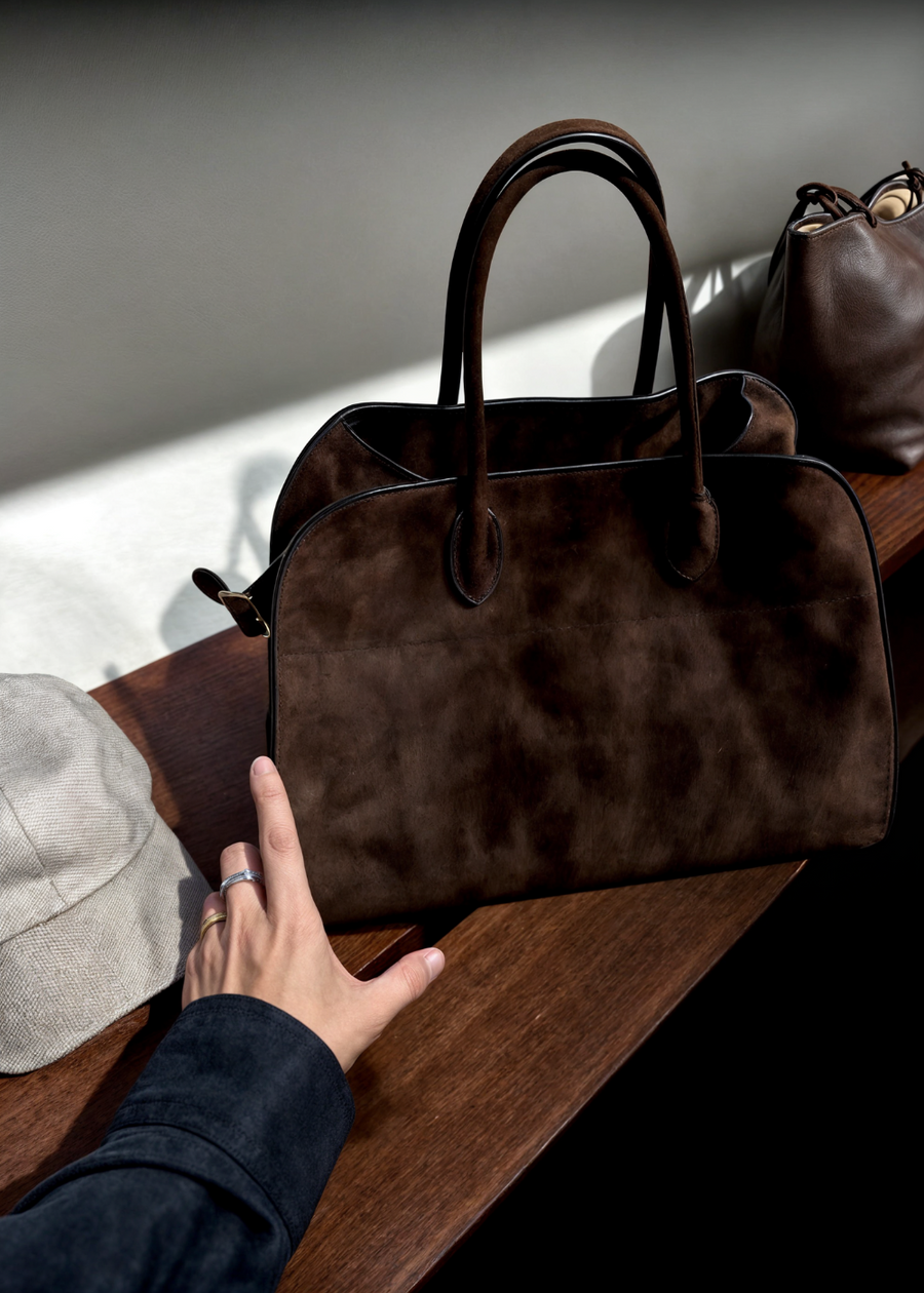 Große Wildleder Handtasche Damen – Umhängetasche Echtleder mit Reißverschluss