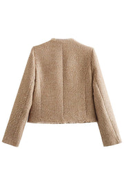 Fransen - Elegante kurze Tweedjacke mit Fransendetail | Schicker verkürzter Tweed-Blazer mit Knopfleiste vorne für Damen