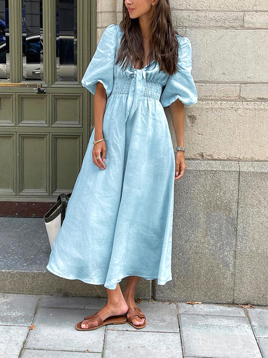 Leinen-Baumwoll Midikleid mit Frontbindung – Sommerkleid für Damen