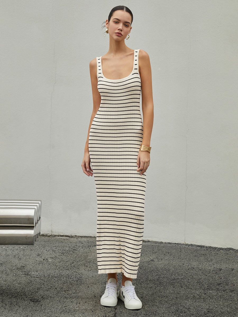 Elegantes Gestreiftes Strick-Maxikleid – Baumwollmischung, Apricot