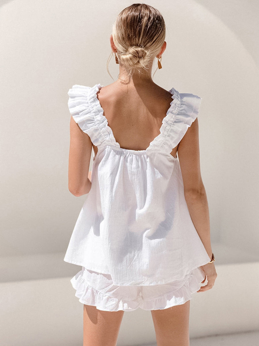 Zweiteiler Damen Sommer: Rüschen-Top & Shorts aus Bio-Baumwolle
