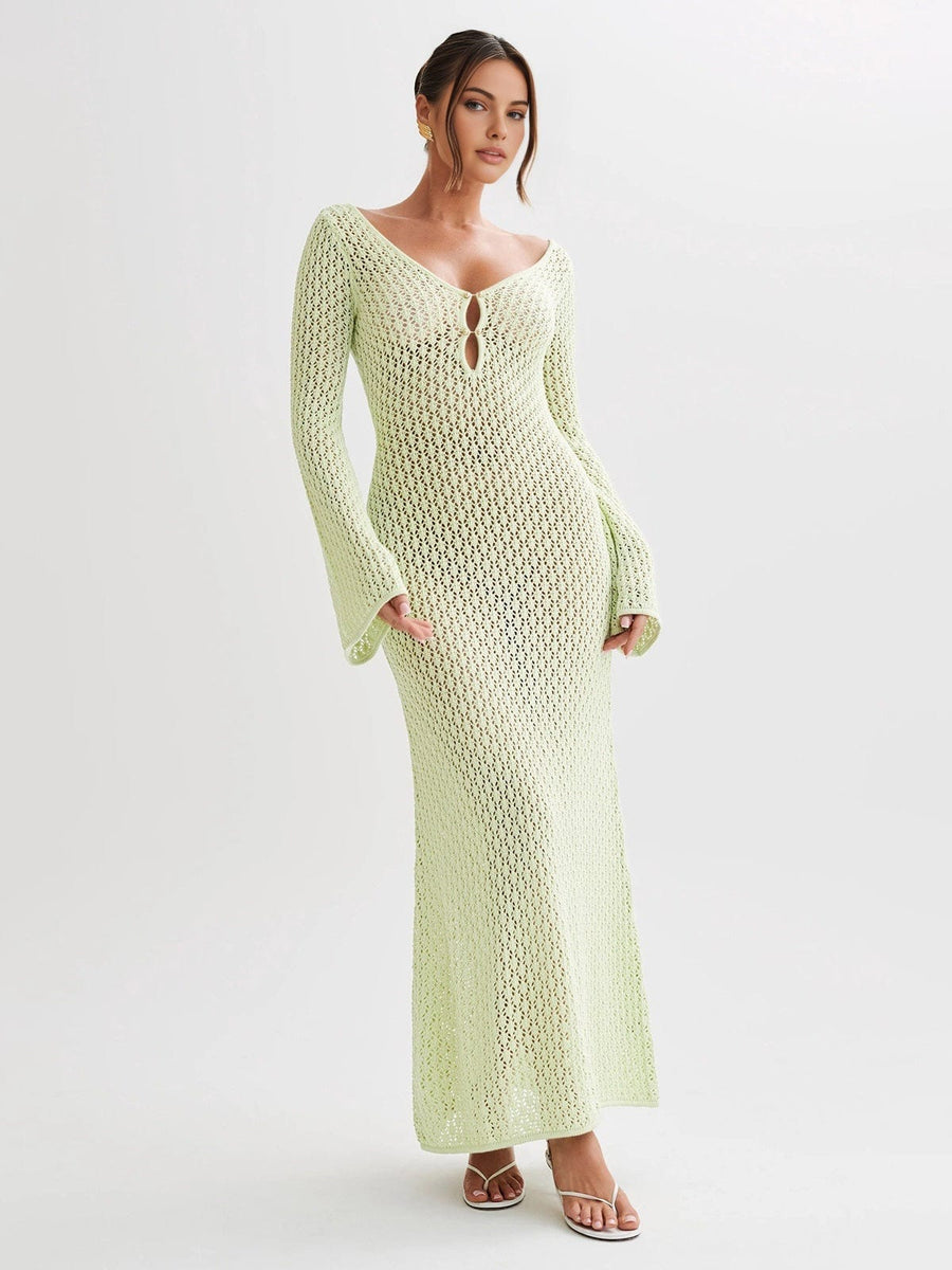 Greta | V-Ausschnitt Gehäkeltes Maxikleid mit Glockenärmeln  – Boho-Chic für den Sommer
