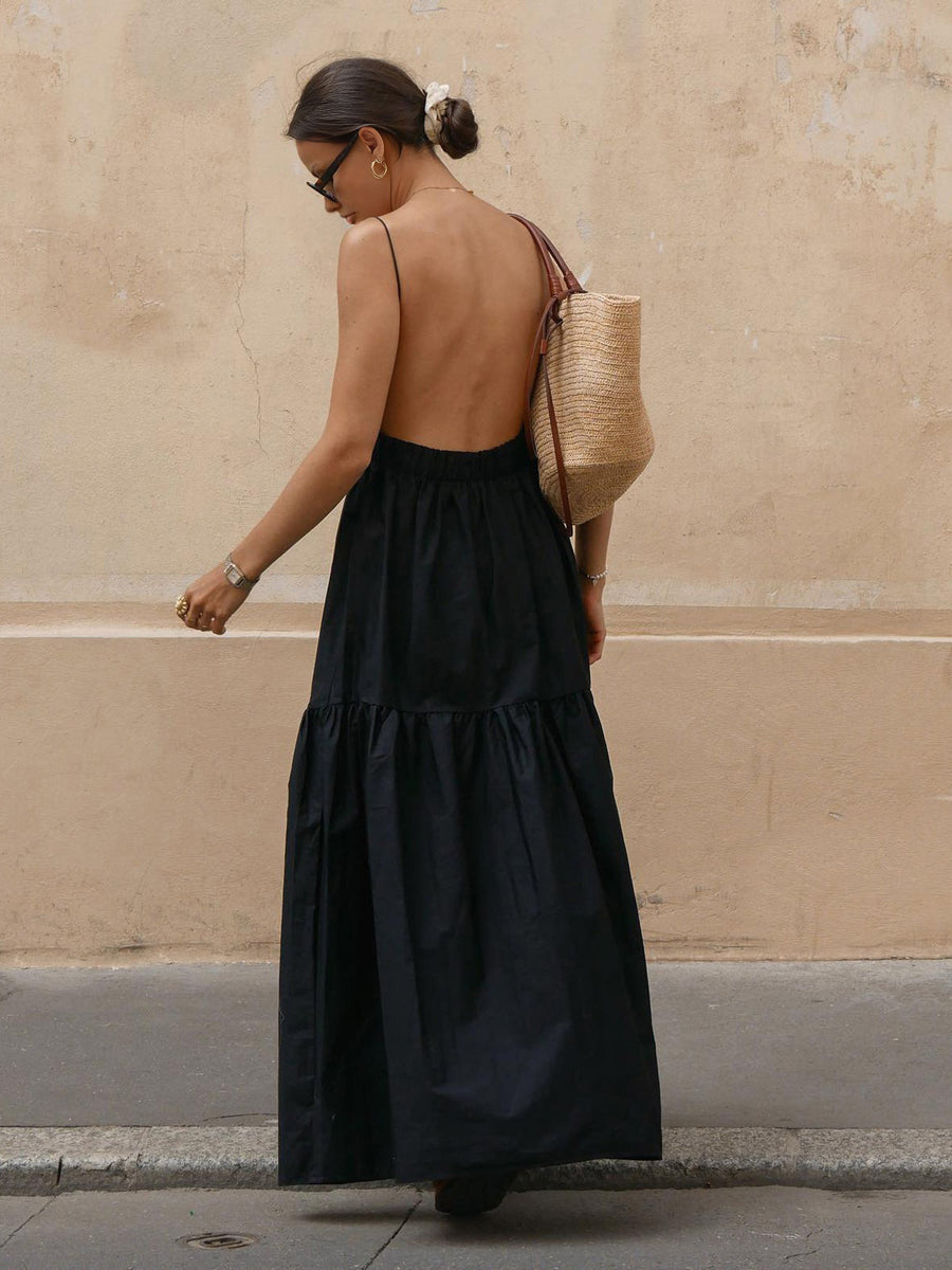 Elegantes Rückenfreies Maxikleid – Ärmellos, Tiefer Ausschnitt