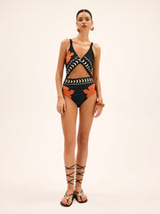 Eleganter Einteiler Badeanzug mit Vogelmuster & schmeichelnden Cutouts – High Waist Bademode