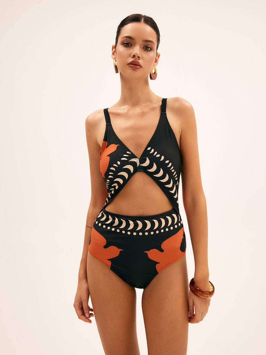 Eleganter Einteiler Badeanzug mit Vogelmuster & schmeichelnden Cutouts – High Waist Bademode
