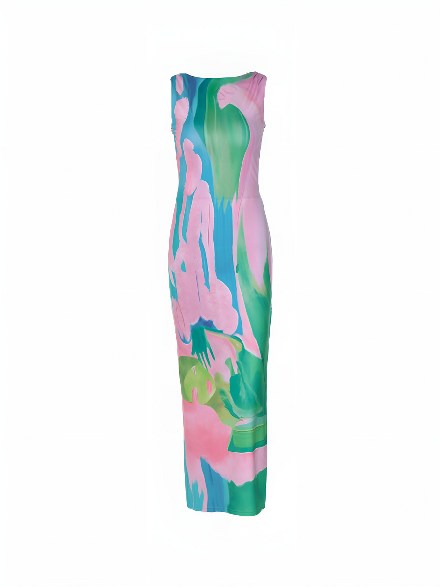Ärmelloses Maxikleid mit Blumenmuster – Rückenfreies Sommerkleid