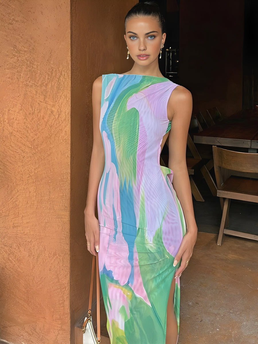 Ärmelloses Maxikleid mit Blumenmuster – Rückenfreies Sommerkleid