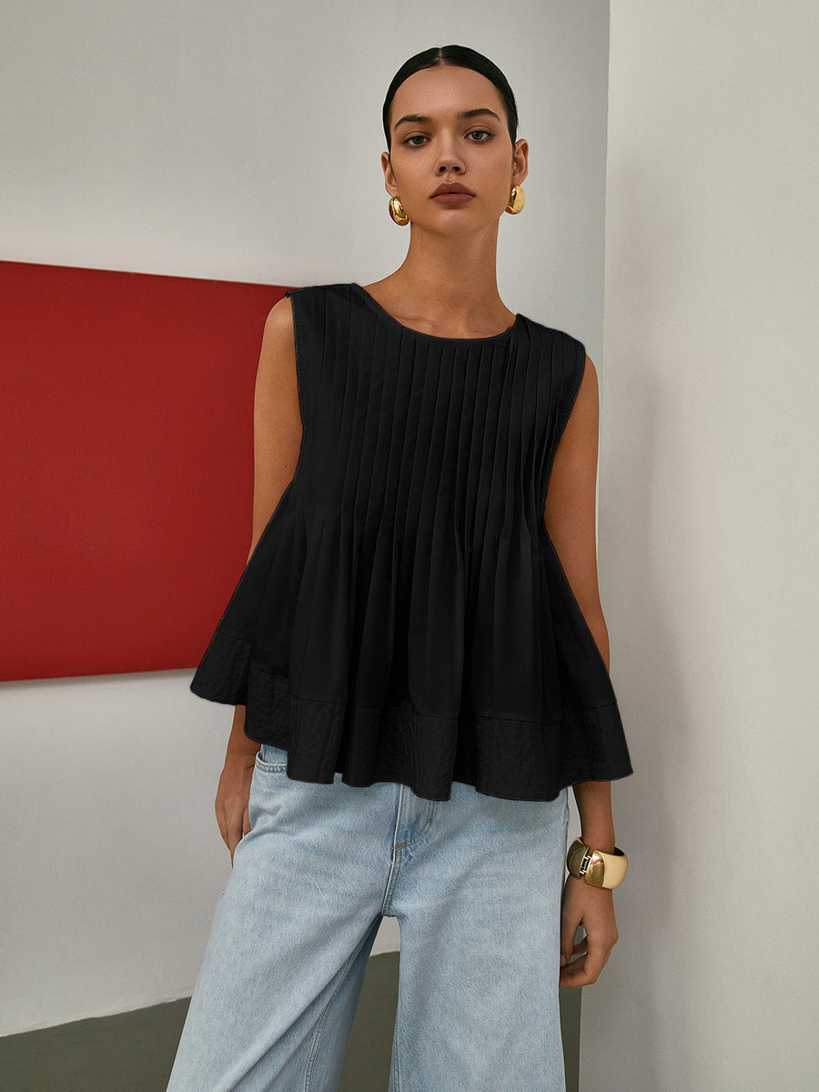 Ärmellose Plissee-Peplum-Bluse – Eleganter Taillenbetonter Look