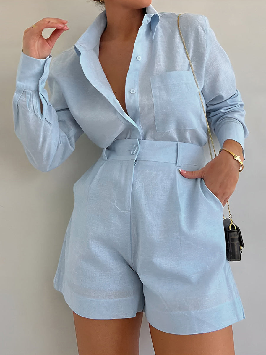 Damen Oversized Langarm-Shorts-Set – Tencel-Mix Lounge-Kombination