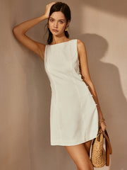 Linen Blend Cutout Mini Dress – Sleeveless O-Ring Summer Dress