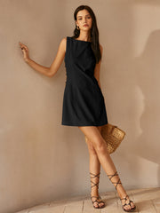 Linen Blend Cutout Mini Dress – Sleeveless O-Ring Summer Dress