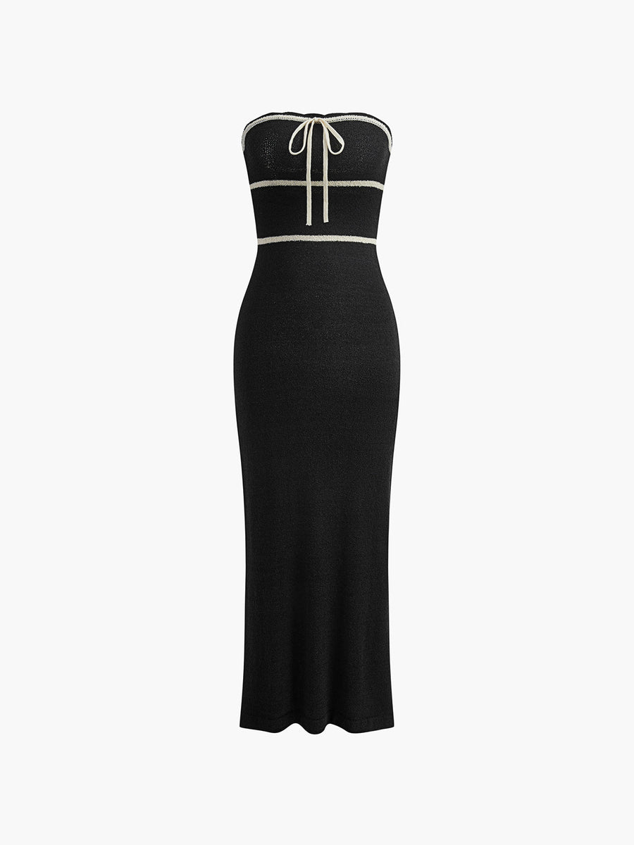 Amelie | Schulterfreies Bouclé-Kleid in Crème mit Kontrastpaspeln