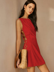 Linen Blend Cutout Mini Dress – Sleeveless O-Ring Summer Dress