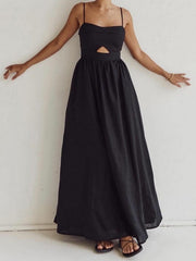 Benedikta | Ärmelloses Maxi-Kleid aus Leinen mit Cut-Out-Detail und Spaghettiträgern