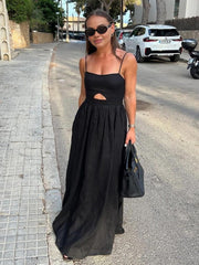 Benedikta | Ärmelloses Maxi-Kleid aus Leinen mit Cut-Out-Detail und Spaghettiträgern