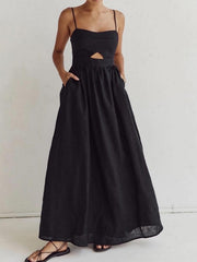 Benedikta | Ärmelloses Maxi-Kleid aus Leinen mit Cut-Out-Detail und Spaghettiträgern