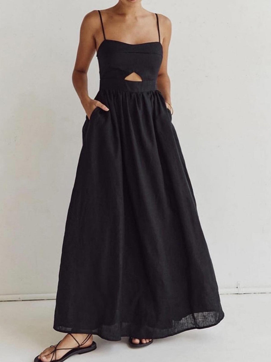 Benedikta | Ärmelloses Maxi-Kleid aus Leinen mit Cut-Out-Detail und Spaghettiträgern