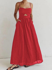 Benedikta | Ärmelloses Maxi-Kleid aus Leinen mit Cut-Out-Detail und Spaghettiträgern